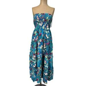 Hale Bob Midi Dress Strapless Elastic Ruched Blue Butterfly Floral New